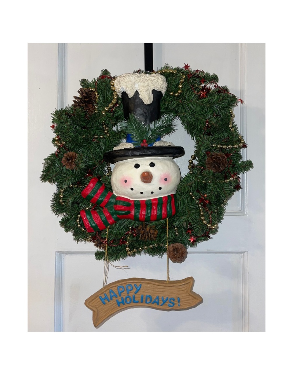 Holiday Resin Snowman 16 Inch Wreath with 'Happy Holidays' Sign - Green